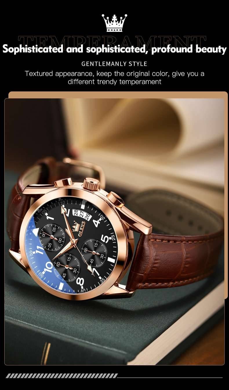 OLEVS Watch for Men Top Brand Luxury Men Quartz Wristwatches Pilot Leather Strap Multi-Function Chronograph Waterproof Men Watch