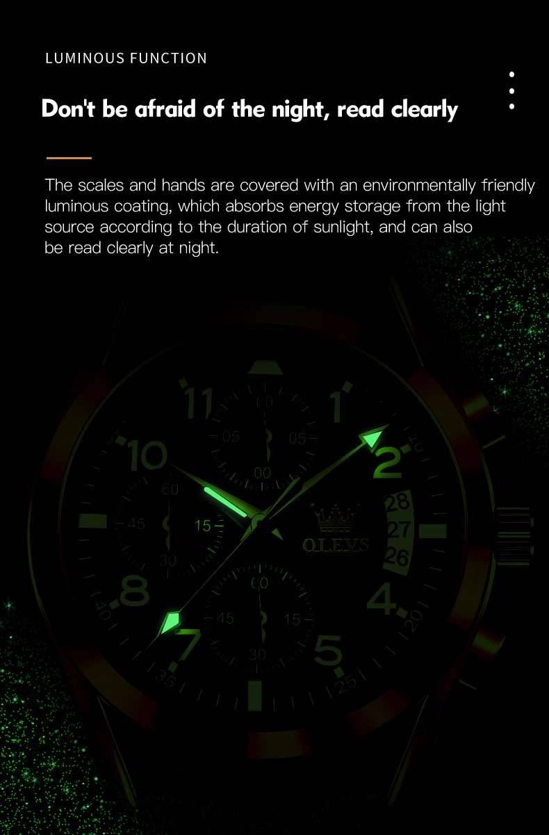 OLEVS Watch for Men Top Brand Luxury Men Quartz Wristwatches Pilot Leather Strap Multi-Function Chronograph Waterproof Men Watch