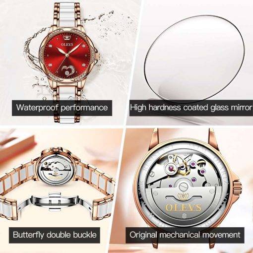 OLEVS Watch for Women Automatic Mechanical Ladies Wrist Watch Stainless Steel Ceramic Watchband Heart Diamond Girls Dress Watch Women Quartz Watches