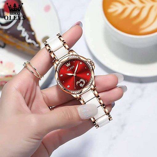 OLEVS Watch for Women Automatic Mechanical Ladies Wrist Watch Stainless Steel Ceramic Watchband Heart Diamond Girls Dress Watch Women Quartz Watches