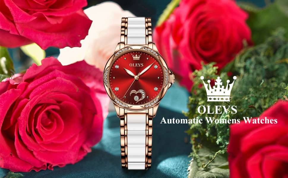 OLEVS Watch for Women Automatic Mechanical Ladies Wrist Watch Stainless Steel Ceramic Watchband Heart Diamond Girls Dress Watch