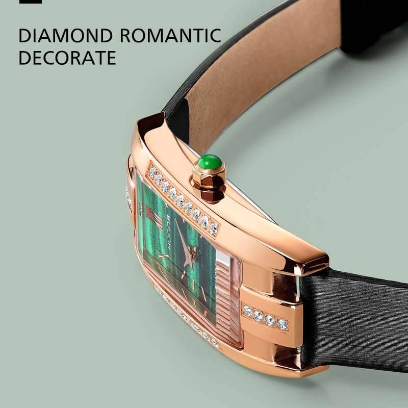 ROCOS Women Watches Rectangle Ladies Quartz Watch Women Quartz Watches Luxury Simple Diamond Green Dial WristWatch R209S