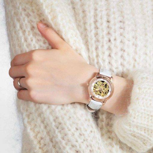 ROCOS Women's Skeleton Automatic Mechanical Watch Ladie Luxury Classic Elegant Leather Wrist Watches Gift 30M Waterproof R0206 Mechanical Watches Women