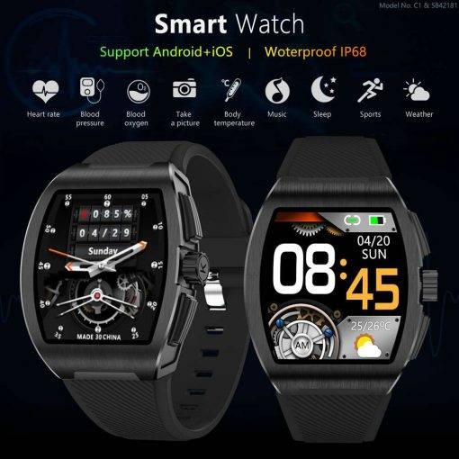 Smart Watch for Men Women Tonneau Watch with Temperature Monitor Bluetooth Heart Rate Blood Pressure Waterproof Watches часы C1 Men Sports & Smartwatches
