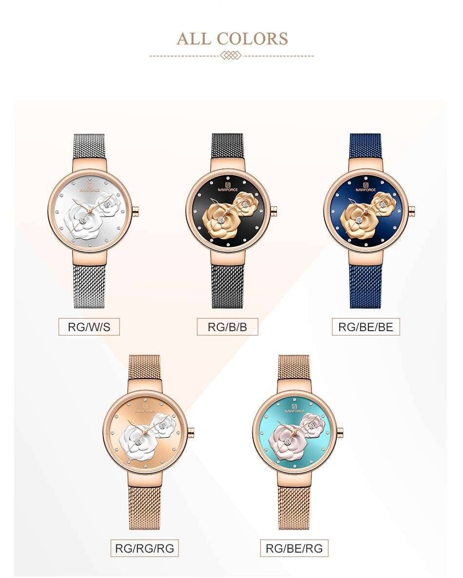 Women Watch NAVIFORCE Top Luxury Brand Steel Mesh Waterproof Ladies Watches Flower Quartz Female Wristwatch Charming Girl Clock