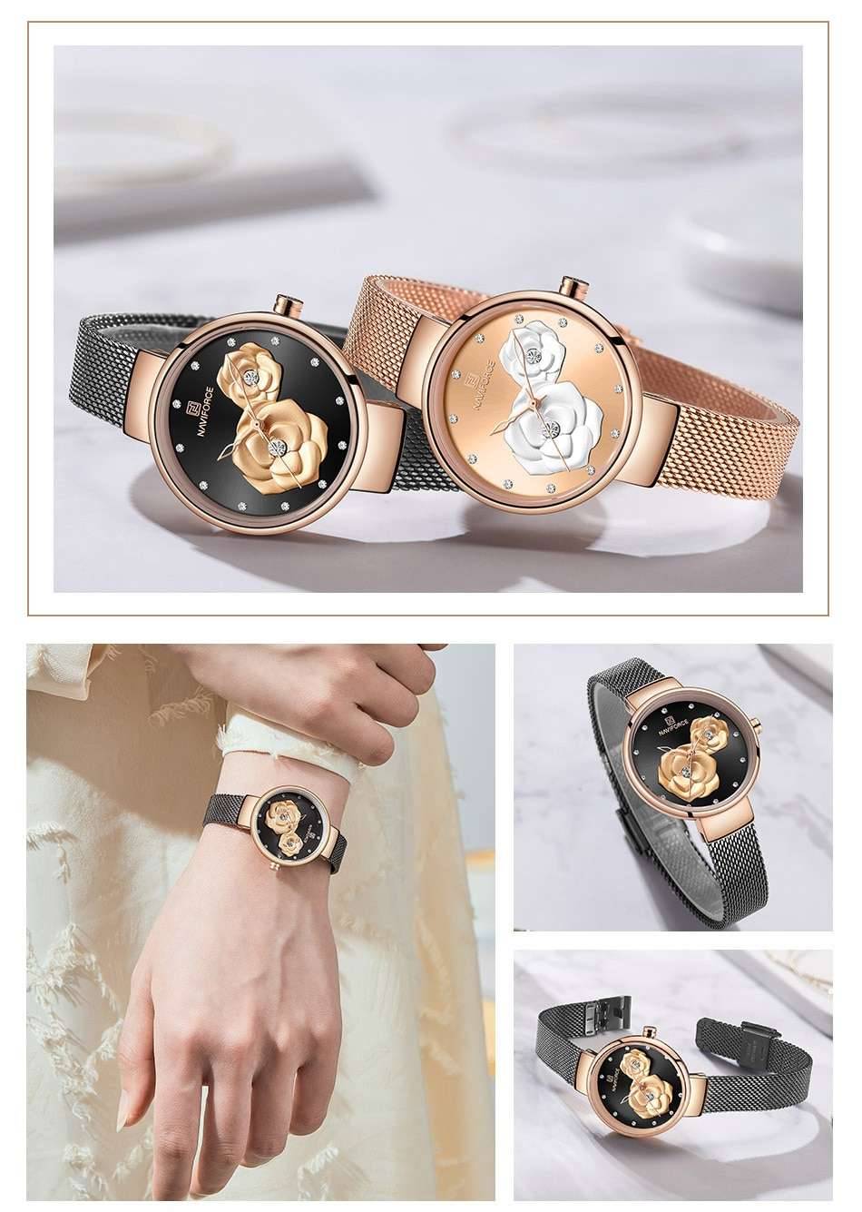 Women Watch NAVIFORCE Top Luxury Brand Steel Mesh Waterproof Ladies Watches Flower Quartz Female Wristwatch Charming Girl Clock