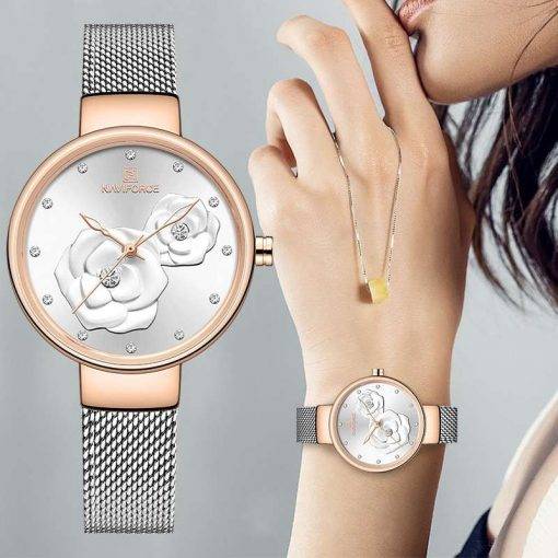 Women Watch NAVIFORCE Top Luxury Brand Steel Mesh Waterproof Ladies Watches Flower Quartz Female Wristwatch Charming Girl Clock Women Quartz Watches