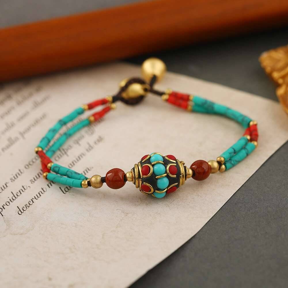 Bohemian Style Ethnic Style Retro Nepal Pine Matte Stone Bracelet Simple Multi-color Beaded Hand Catenary Women's Jewelry