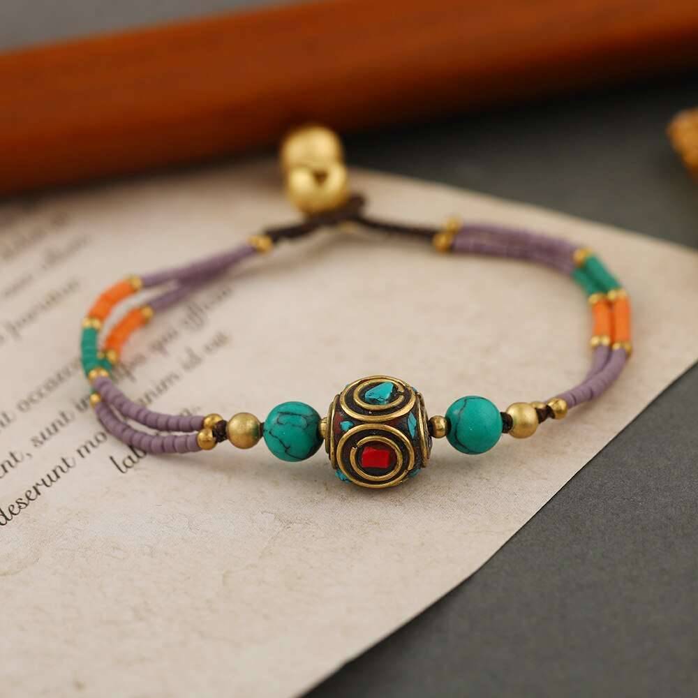 Bohemian Style Ethnic Style Retro Nepal Pine Matte Stone Bracelet Simple Multi-color Beaded Hand Catenary Women's Jewelry