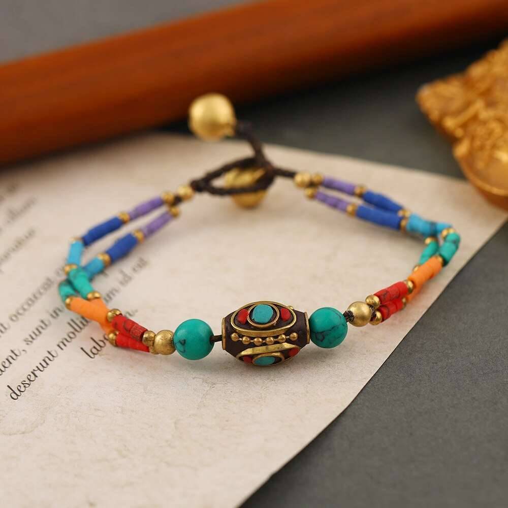 Bohemian Style Ethnic Style Retro Nepal Pine Matte Stone Bracelet Simple Multi-color Beaded Hand Catenary Women's Jewelry