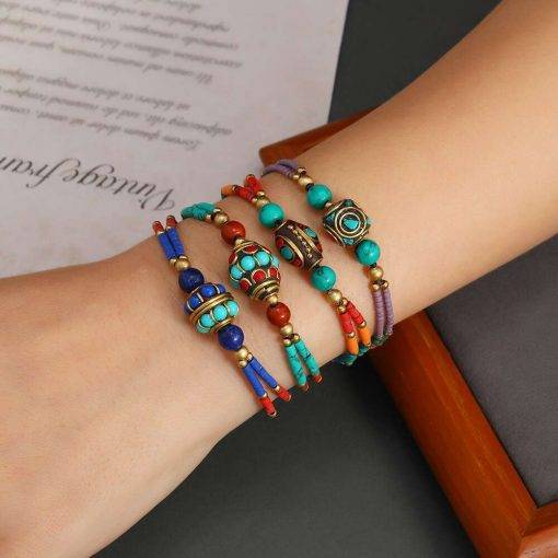 Bohemian Style Ethnic Style Retro Nepal Pine Matte Stone Bracelet Simple Multi-color Beaded Hand Catenary Women's Jewelry Women Bracelets