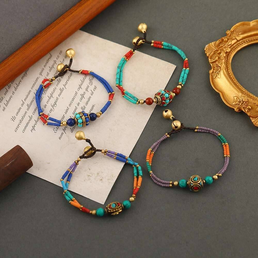 Bohemian Style Ethnic Style Retro Nepal Pine Matte Stone Bracelet Simple Multi-color Beaded Hand Catenary Women's Jewelry