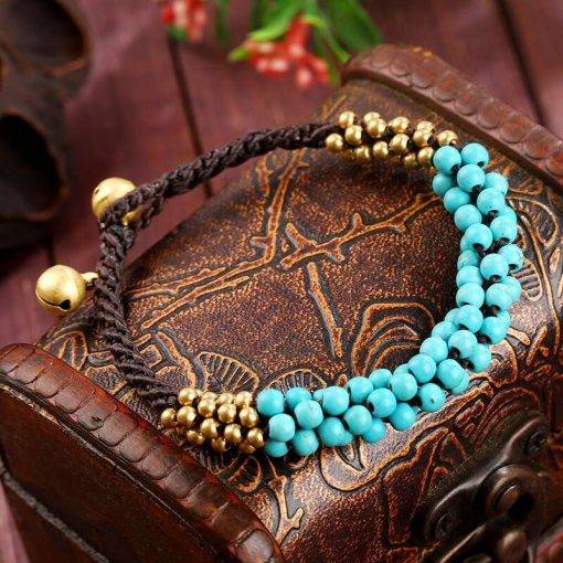 Boho Style Simple Round Bead Fashion Women's Bracelet Bracelet, Wax Rope Turquoise Copper Beads Hand-woven Charm Yoga Bracelet Women Bracelets