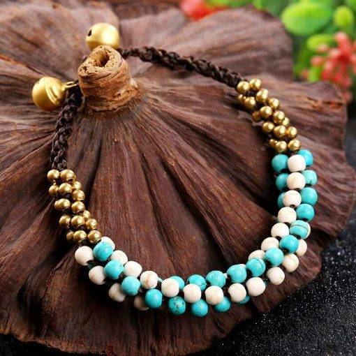 Boho Style Simple Round Bead Fashion Women's Bracelet Bracelet, Wax Rope Turquoise Copper Beads Hand-woven Charm Yoga Bracelet Women Bracelets