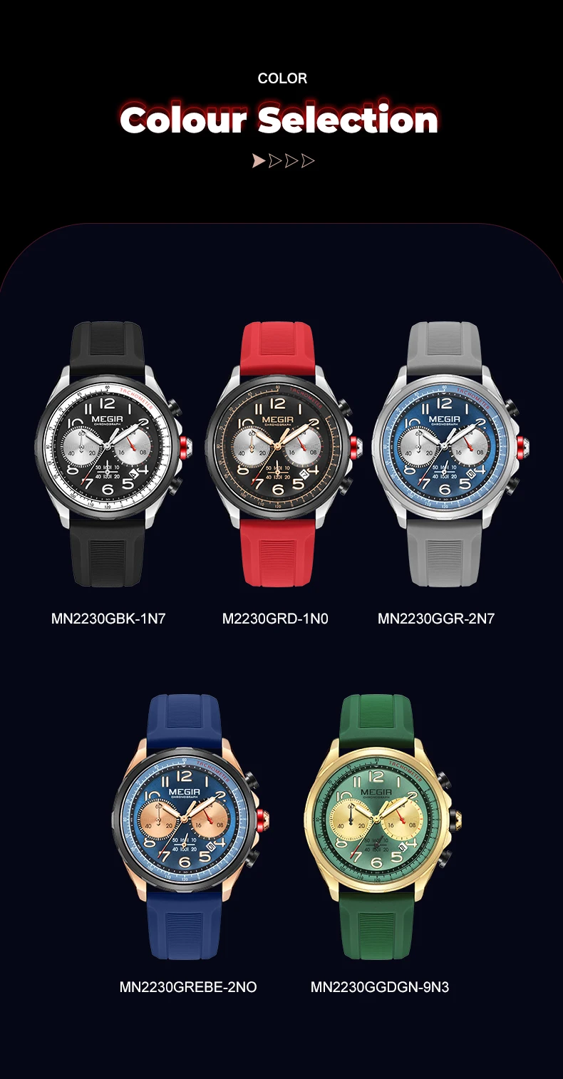 MEGIR 2230 New Men's Watch Fashion Casual Multifunctional Sports Silicone Strap Luminous Date Military Chronograph Wristwatches