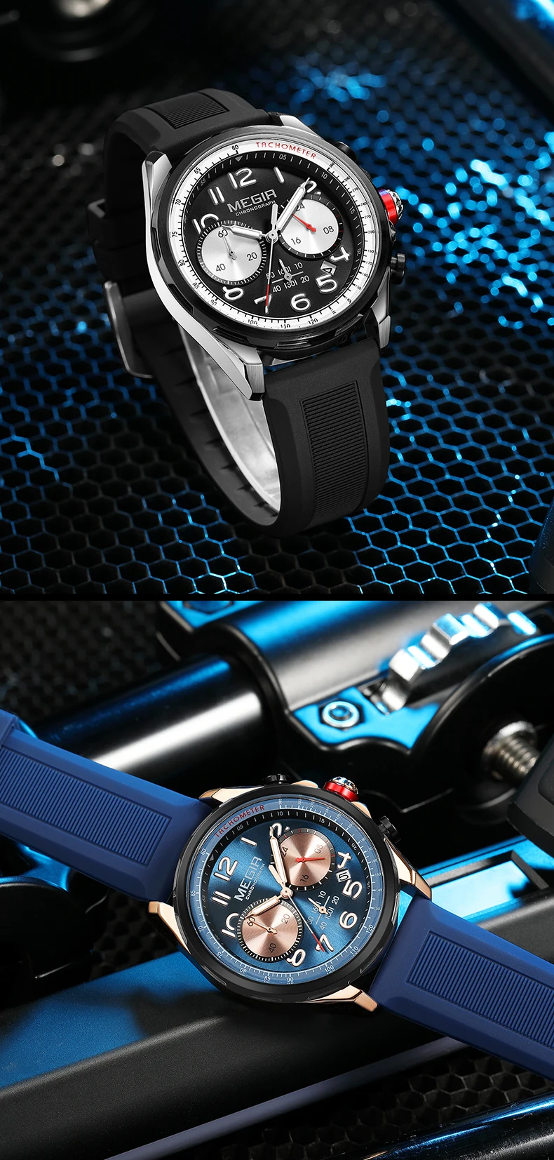 MEGIR 2230 New Men's Watch Fashion Casual Multifunctional Sports Silicone Strap Luminous Date Military Chronograph Wristwatches