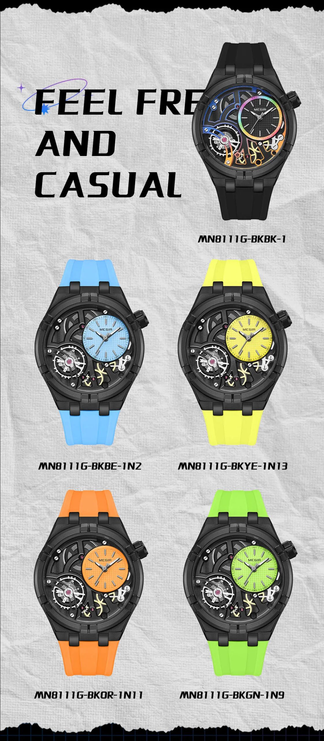 MEGIR 8111 Fashion Men's Quartz Watch Waterproof Silicone Strap Creative Skeleton Dial Luminous Casual Sports Watches for Men