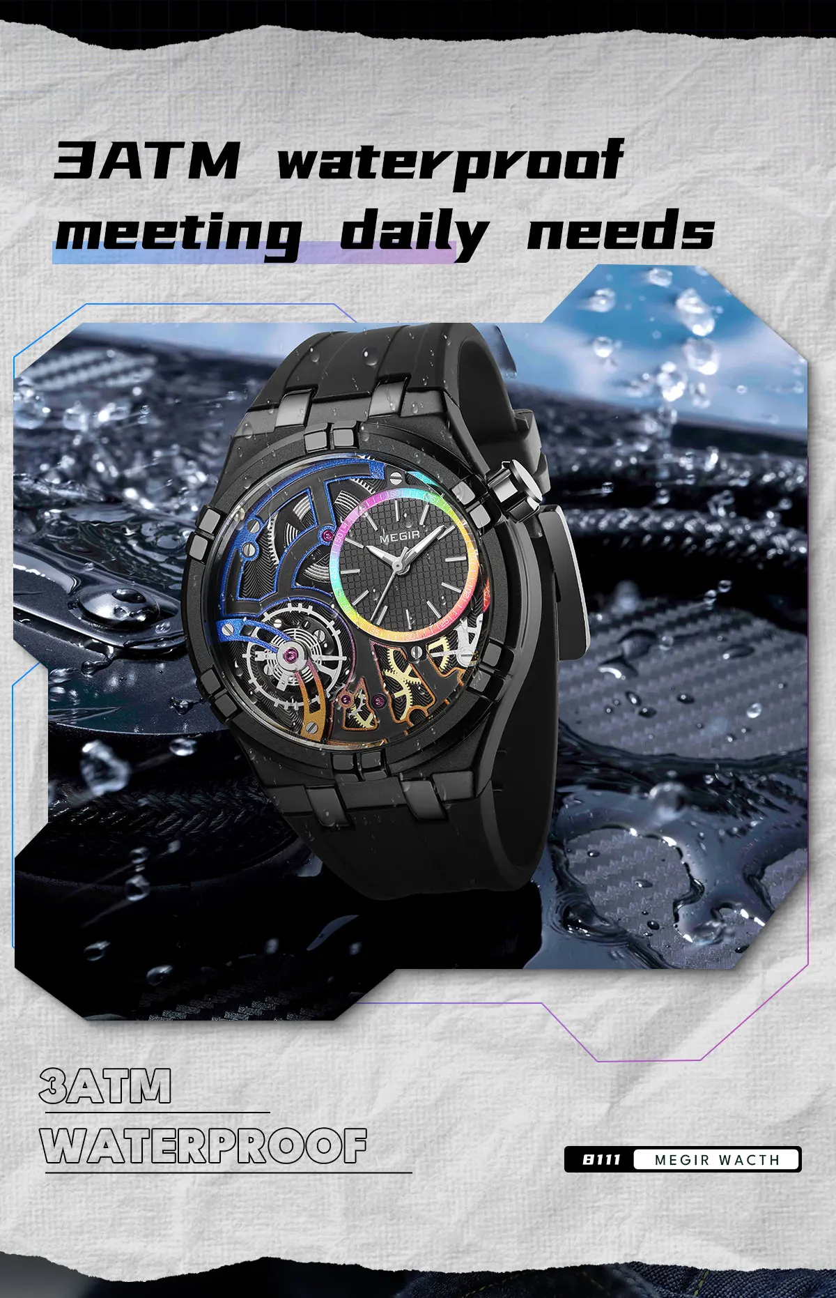 MEGIR 8111 Fashion Men's Quartz Watch Waterproof Silicone Strap Creative Skeleton Dial Luminous Casual Sports Watches for Men