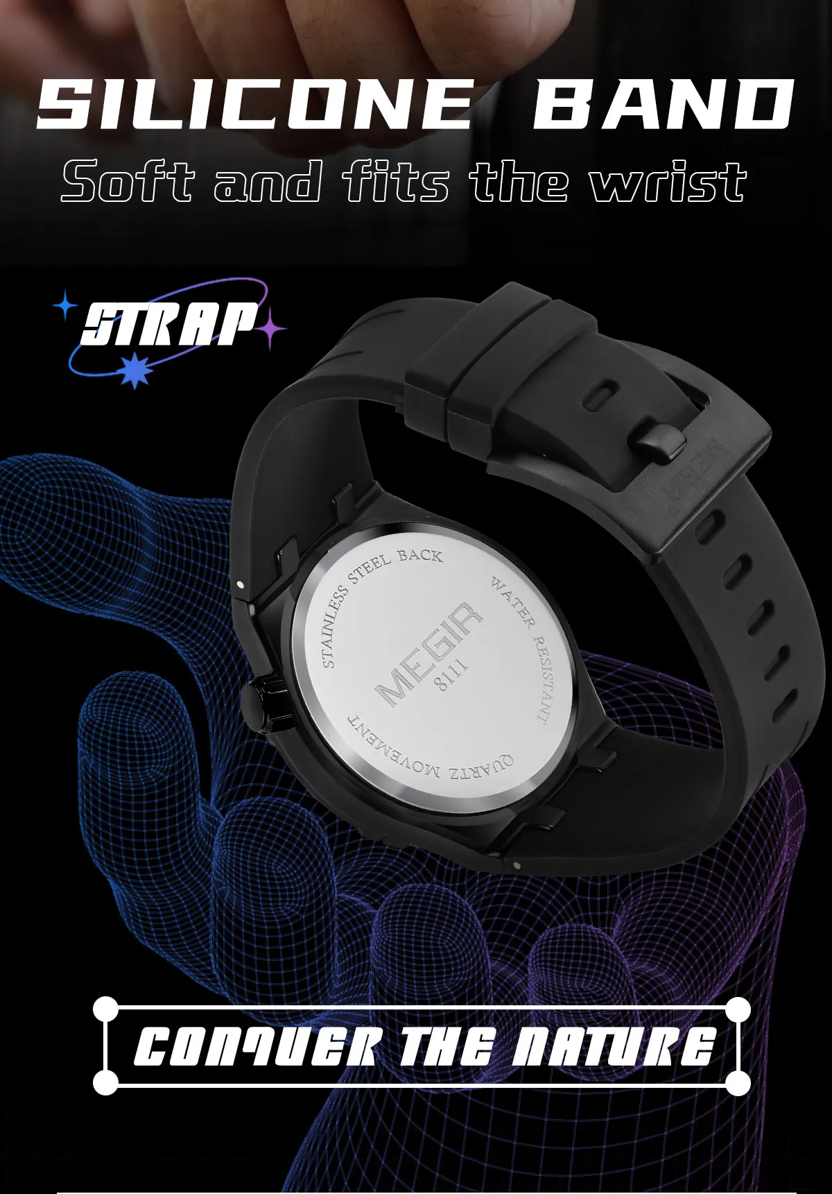 MEGIR 8111 Fashion Men's Quartz Watch Waterproof Silicone Strap Creative Skeleton Dial Luminous Casual Sports Watches for Men