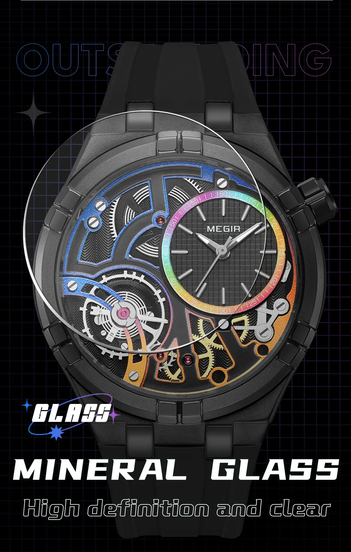 MEGIR 8111 Fashion Men's Quartz Watch Waterproof Silicone Strap Creative Skeleton Dial Luminous Casual Sports Watches for Men