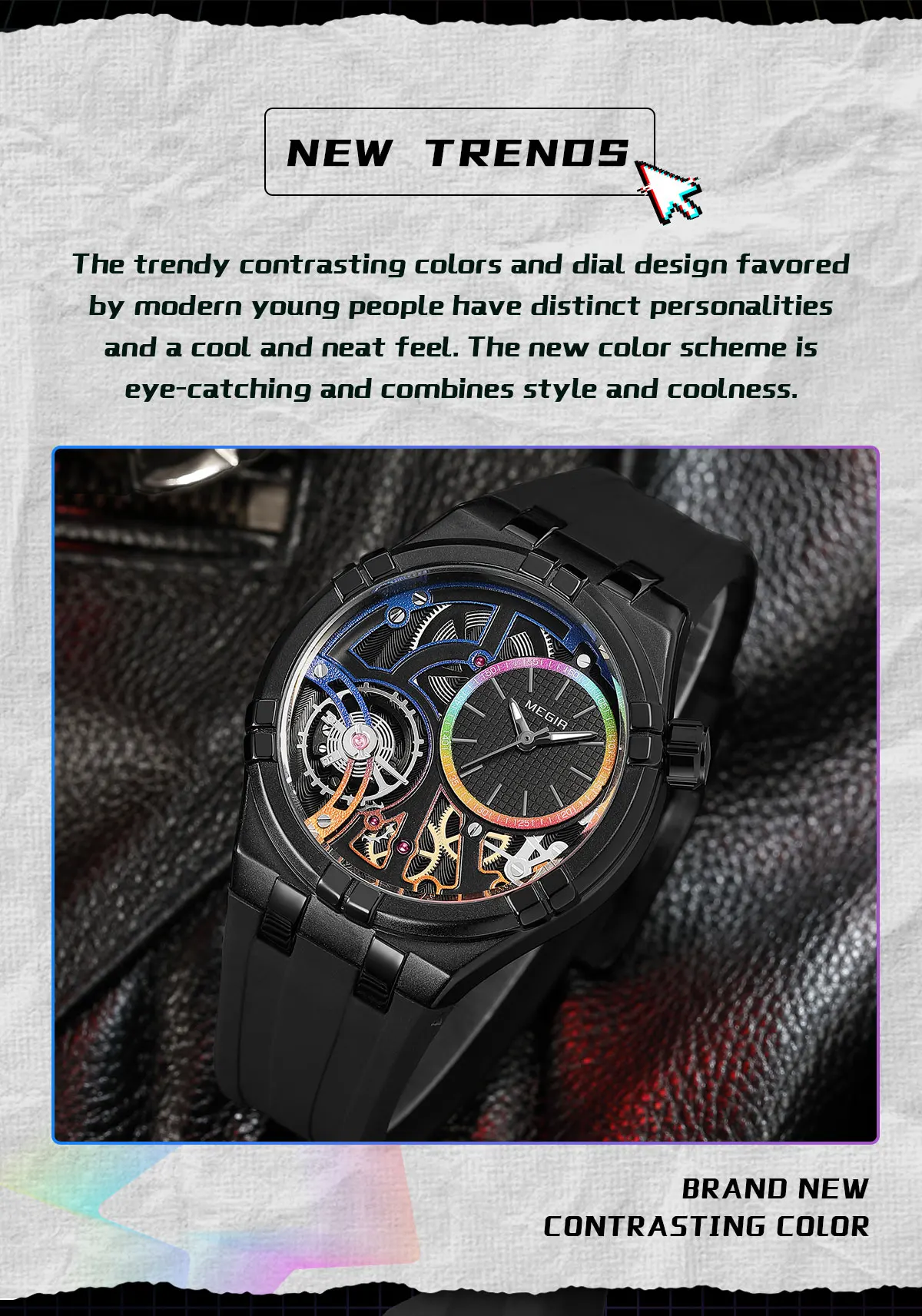 MEGIR 8111 Fashion Men's Quartz Watch Waterproof Silicone Strap Creative Skeleton Dial Luminous Casual Sports Watches for Men