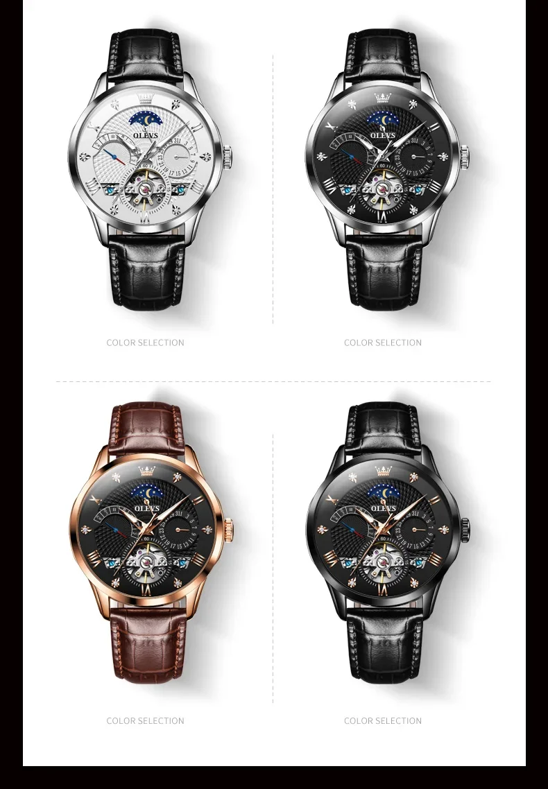 OLEVS  6652 Flywheel Skeleton Automatic Watch Men Leather Strap Calendar Multifunctional Waterproof Luminous Moon Phase