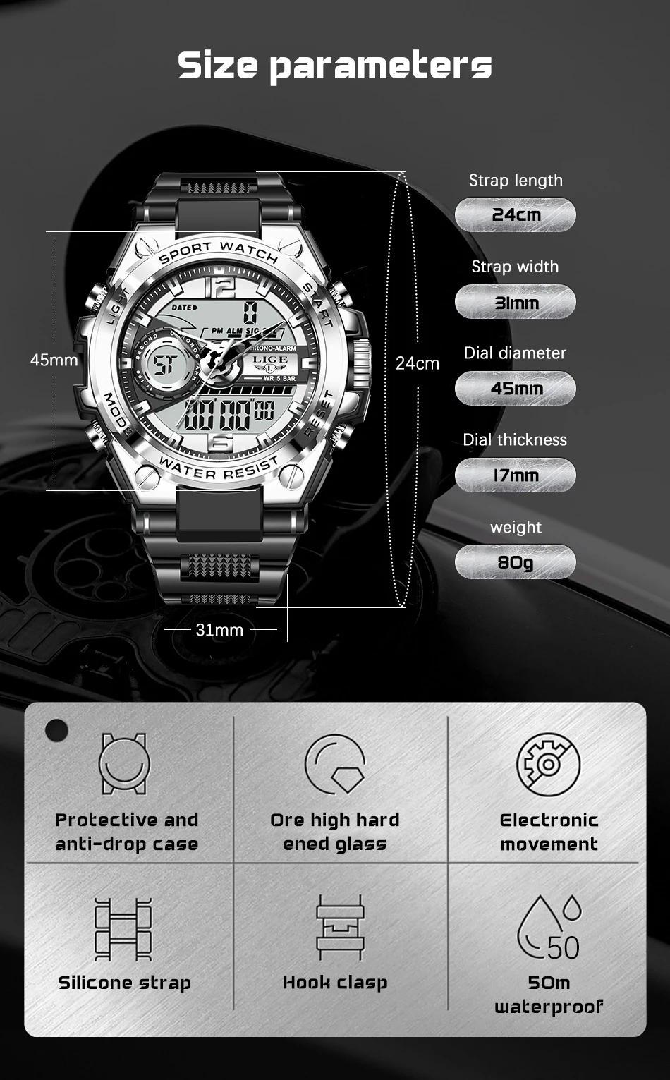 LIGE Digital Men Military Watch 50m Waterproof Wristwatch LED Quartz Clock Sport Watch Male Big Watches Men Relogios Masculino LIGE Digital Men Military Watch 50m Waterproof Wristwatch LED Quartz Clock Sport Watch Male Big Watches Men Relogios Masculino