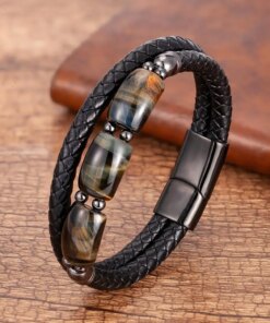 High Quality Tiger Eye Stone Bracelets For Men Geometric Natural Stone Beads Leather Rope Bangles 2020 Men’s Jewelry Accessories Men Bracelets 