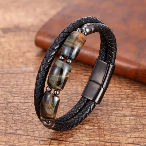 High Quality Tiger Eye Stone Bracelets For Men Geometric Natural Stone Beads Leather Rope Bangles 2020 Men’s Jewelry Accessories Men Bracelets