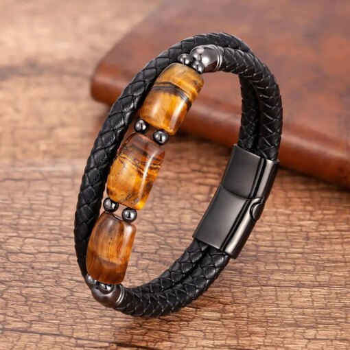 High Quality Tiger Eye Stone Bracelets For Men Geometric Natural Stone Beads Leather Rope Bangles 2020 Men’s Jewelry Accessories Men Bracelets