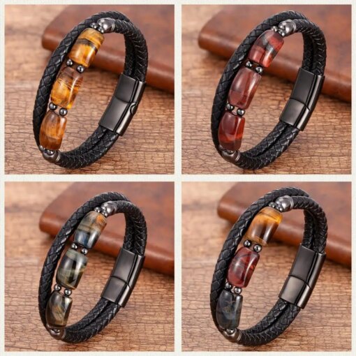 High Quality Tiger Eye Stone Bracelets For Men Geometric Natural Stone Beads Leather Rope Bangles 2020 Men’s Jewelry Accessories Men Bracelets