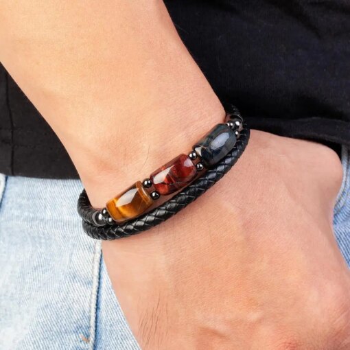 High Quality Tiger Eye Stone Bracelets For Men Geometric Natural Stone Beads Leather Rope Bangles 2020 Men’s Jewelry Accessories Men Bracelets