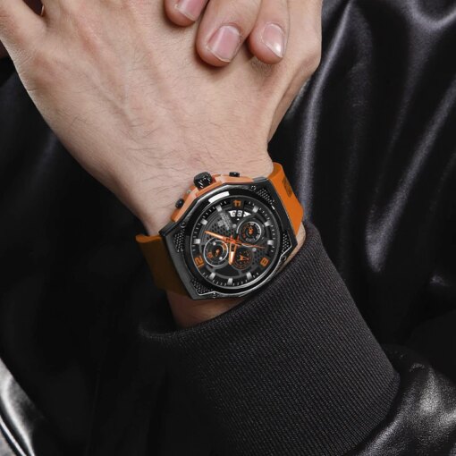 NAVIFORCE Men Orange Silicone Strap Sport Watch Male Quartz Calendar Chronograph Silicone Strap WristWaches Water Resitant Clock Men Quartz Watches