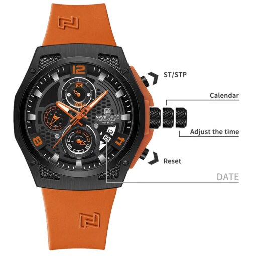 NAVIFORCE Men Orange Silicone Strap Sport Watch Male Quartz Calendar Chronograph Silicone Strap WristWaches Water Resitant Clock Men Quartz Watches