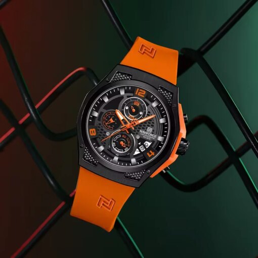 NAVIFORCE Men Orange Silicone Strap Sport Watch Male Quartz Calendar Chronograph Silicone Strap WristWaches Water Resitant Clock Men Quartz Watches