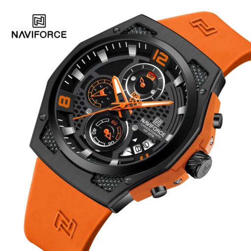 NAVIFORCE Men Orange Silicone Strap Sport Watch Male Quartz Calendar Chronograph Silicone Strap WristWaches Water Resitant Clock Men Quartz Watches