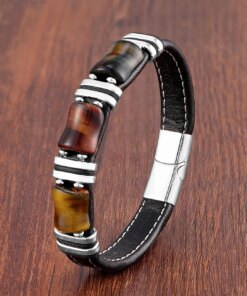 Natural Stone,Tiger Eye Bracelet,Black Leather Rope Chain,Men Bracelet,Stainless Steel Bracelet,Women Fashion Jewelry,Wholesale Men Bracelets 