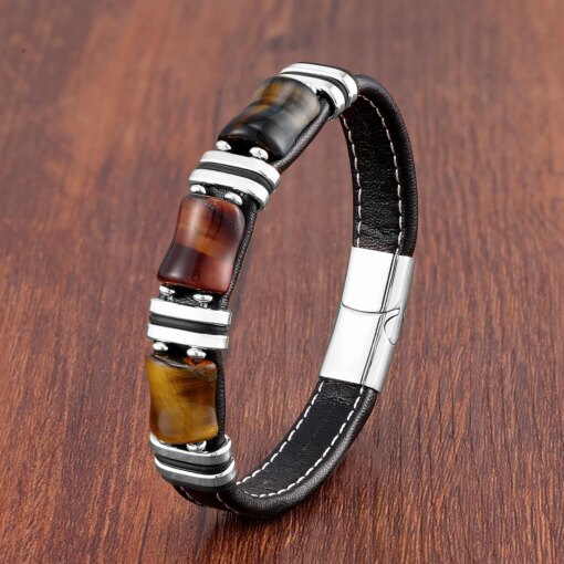 Natural Stone,Tiger Eye Bracelet,Black Leather Rope Chain,Men Bracelet,Stainless Steel Bracelet,Women Fashion Jewelry,Wholesale Men Bracelets