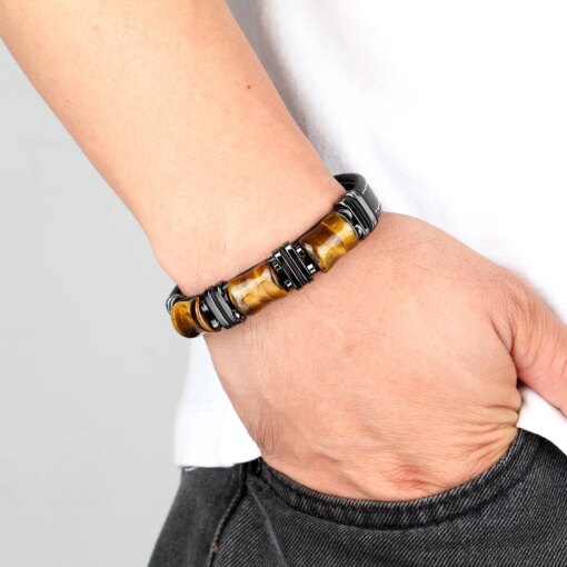 Natural Stone,Tiger Eye Bracelet,Black Leather Rope Chain,Men Bracelet,Stainless Steel Bracelet,Women Fashion Jewelry,Wholesale Men Bracelets