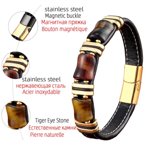 Natural Stone,Tiger Eye Bracelet,Black Leather Rope Chain,Men Bracelet,Stainless Steel Bracelet,Women Fashion Jewelry,Wholesale Men Bracelets