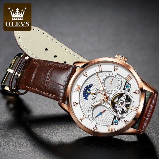 OLEVS 6652 Fashion Mechanical Watch Gift Genuine Leather Watchband Round-dial Wristwatch Men Mechanical Watches