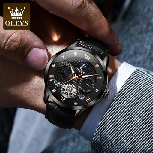 OLEVS 6652 Fashion Mechanical Watch Gift Genuine Leather Watchband Round-dial Wristwatch Men Mechanical Watches