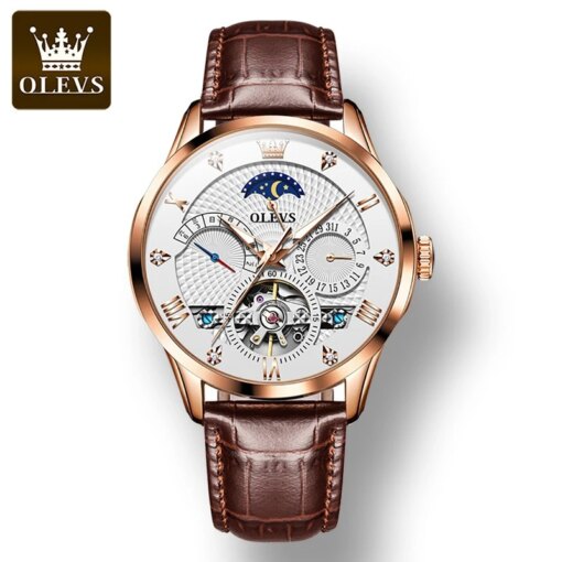 OLEVS 6652 Fashion Mechanical Watch Gift Genuine Leather Watchband Round-dial Wristwatch Men Mechanical Watches