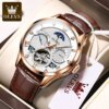 OLEVS 6652 Flywheel Skeleton Automatic Watch Men Leather Strap Calendar Multifunctional Waterproof Luminous Moon Phase Men Mechanical Watches