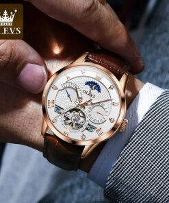 OLEVS 6652 Flywheel Skeleton Automatic Watch Men Leather Strap Calendar Multifunctional Waterproof Luminous Moon Phase Men Mechanical Watches 