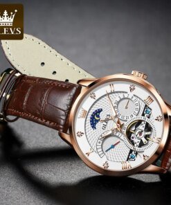 OLEVS 6652 Flywheel Skeleton Automatic Watch Men Leather Strap Calendar Multifunctional Waterproof Luminous Moon Phase Men Mechanical Watches 