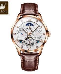 OLEVS 6652 Flywheel Skeleton Automatic Watch Men Leather Strap Calendar Multifunctional Waterproof Luminous Moon Phase Men Mechanical Watches 