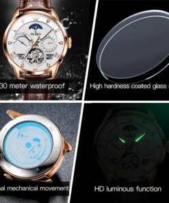 OLEVS 6652 Flywheel Skeleton Automatic Watch Men Leather Strap Calendar Multifunctional Waterproof Luminous Moon Phase Men Mechanical Watches 