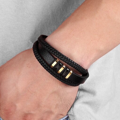 TYO Fashion Stainless Steel Charm Magnetic Black Men Bracelet Leather Genuine Braided Punk Rock Bangles Jewelry Accessories Men Bracelets