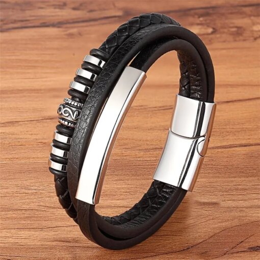 TYO Fashion Stainless Steel Charm Magnetic Black Men Bracelet Leather Genuine Braided Punk Rock Bangles Jewelry Accessories Men Bracelets